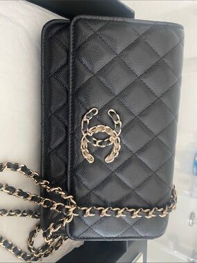 Black Quilted Chain Crossbody Bag with Gold Accent